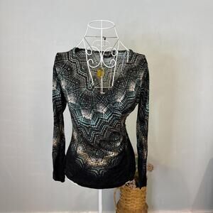 Stunning vintage y2k blue and black long sleeve fitted babydoll blouse top
